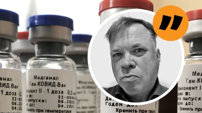 Vaccinampuller med en bild på Patrick Homström ovanpå.