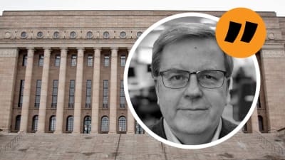 Bildmontage med Riksdagshusets trappor och kommentator Bengt Östling
