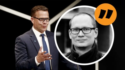Petteri Orpo, en man i kostym och glasögon. Infälld i en cirkel, en man med glasögon.
