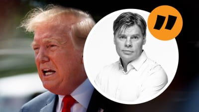 Grafik. Till vänster syns Donald Trump. Till höger syns redaktör Ville Hupa. Vid Villes bild syns ett citattecken för att signalera att detta är en kommentar.