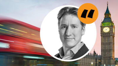 Bild på Rikhard Husu, lagd ovanpå en londonbuss och Big Ben. 