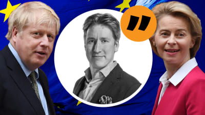 Montage av flera bilder. I bakgrunden syns EU:s flagga. I förgrunden till vänster syns Boris Johnson, till höger Ursula von der Leyen. I mitten i grafik syns journalist Rikhard Husu. Ovan honom syns ett citattecken för att visa att det är en kommentar.