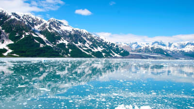 Maisema Alaskan aurinokoiselta jäämereltä, lumihuippuiset vuoret heijastuu mereen.