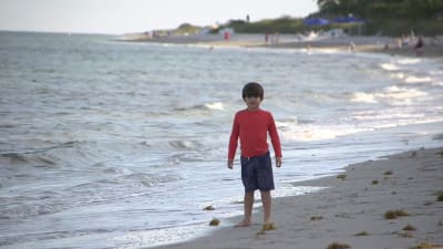 Pojke står på stranden i Key Biscayne.
