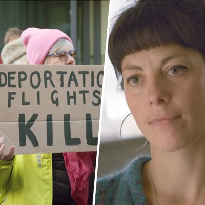 Kollage med demonstrant med paffskiva och texten Deportation flights kill samt aktivisten May McKeith.