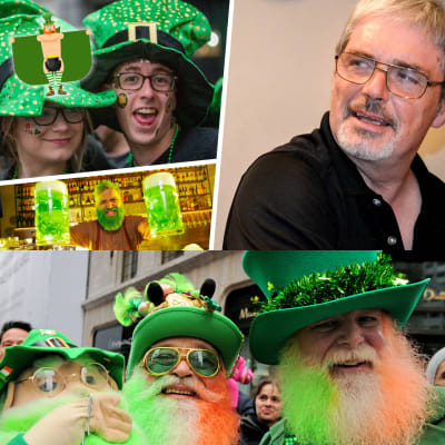 Kolage med irländaren Mal Fay samt St. Patrick's Day-utklädda människor i grönt.