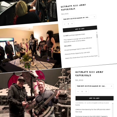 Skärmdump  från Kiss hemsida på Meet and greet-priser.