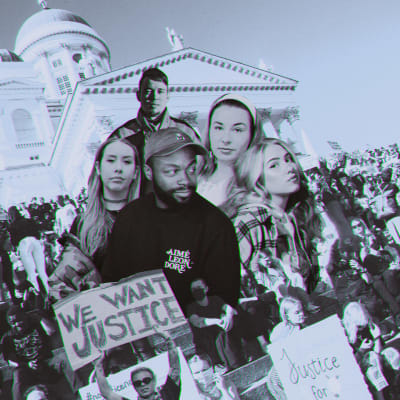 Kuvakollaasi suomalaisartisteista ja Black Lives Matter -mielenosoituksesta.