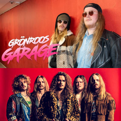 Två bilder på rockbandet DIRT med fem män och texten "Grönroos garage".