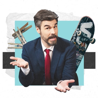 Kollaasi, jossa Jukka Lindström (pukuun pukeutunut keski-ikäinen mies), skeittilauta ja pyykkipoikia.