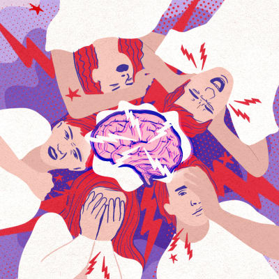 Piirretyssä kuvituksessa on keskellä aivot, joita ympäröi salamakuvioita ja viisi ihmistä kasvoillaan erilaiset tuskaiset ilmeet.