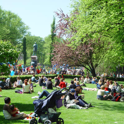Ihmisiä nurmikolla Espan puistossa.