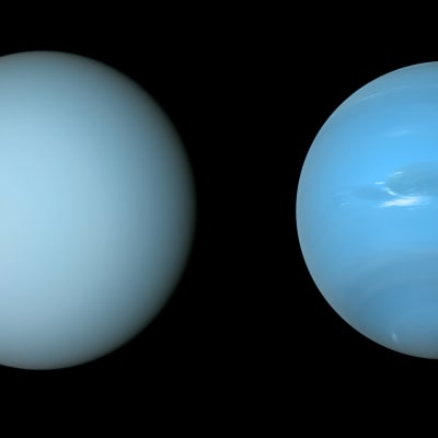 Två planeter, Uranus och Neptunus bredvid varandra.