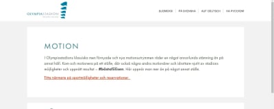 En skärmdump på en undersida på olympiastadions sajt med rubriken "Motion". Den svenskspråkiga texten är väldigt klumpig och otydlig.