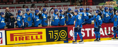 Kazakhstan celebrates a goal in the Hockey World Cup.