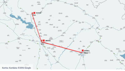 Karta över avståndet mellan Mosul och Duhok respektive Erbil
