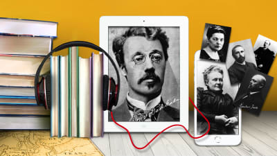 Kirjailijoita: Toivo Pekkanen, minna Canth, maria jotuni J. H. Erkko, kirjanippu, jolla on kuulokkeet ja iPad