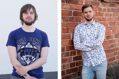 Två olika bilder på samma man. Till vänster har han långt hår och vildvuxet skägg. Till höger har han kort hår och välansat skägg.