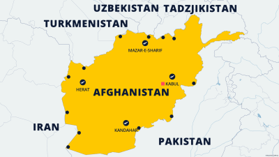 Karta över Afghanistan och grannländerna. På kartan är flygplatserna utmarkerade samt gränskontroller som talibanerna övervakar.