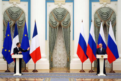 Frankrikes president Emmanuel Macron och Rysslands president Vladimir Putin förhandlade om Ukrainakrisen i Moskva den 7 februari 2022.