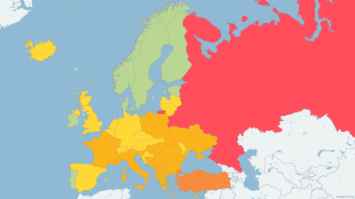 Karta över Europa där pressfrihetsindexet är utmarkerat.