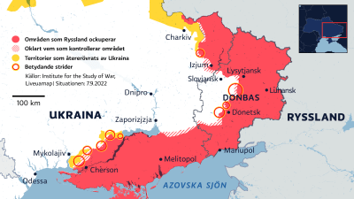En karta över områden i östra Ukraina som Ryssland ockuperar och områden där det pågår svåra strider samt områden som Ukraina återerövrat.