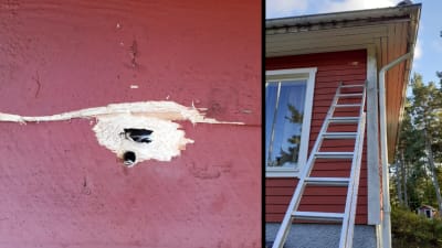 Två bilder på hål i rödmålad ytterpanel på ett hus.