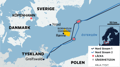 Karta över södra Östersjön som visar hur Nord Stream 1 och Nord Stream 2-ledningarna går öster om den danska ön Bornholm och var läckorna finns.