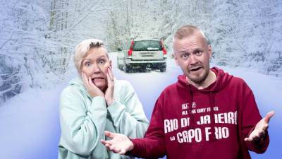 Hanna Kataja-Rahko ja Jyrki Hakanen katsovat pelokkaina kameraan, kun auto on jäänyt tien varteen lumisessa maisemassa.