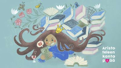 Piirretty kuva, jossa prinsessa selaa kännykkää kirjakasan alla.