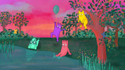 Fyra figurer i en park i serien Hoppsorna