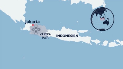 Platsen för jordbävningen i Indonesien markerad på kartan.
