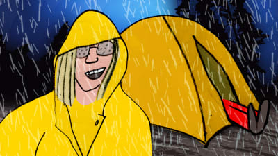 Kuvassa etualalla iloisesti hymyilevä henkilö keltaisessa sadetakissa, taustalla teltta ja teltasta pilkistävät jalat. Kuvassa sataa räntää. 
