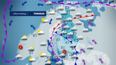 Väderkarta som viar snöoväder i nästan hela Finland. 