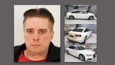 Polisens bild av en man misstänkt för brott mot liv och av hans vita bil.