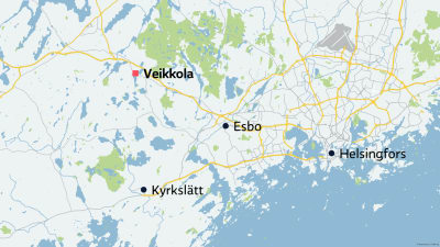 Karta över delar av huvudstadsregionen och Veikkola utprickat.