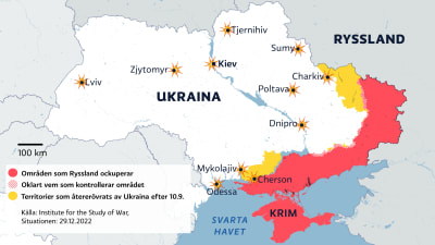 Områden i Ukrain som Ryssland ockuperat 29.12.2022.
