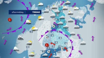 Väderkarta för tisdag som varnar för snöfall över hela södra Finland.