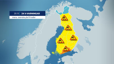 En vädervarningskarta som varnar för dåligt eller mycket dåligt väglag i hela landet med undantag för de nordligaste delarna av Finland.