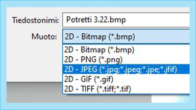 Kuvakaappaus Microsoftin Paint 3 D-sovelluksesta, pudotusvalikossa eri tiedostomuotoja.