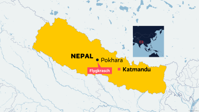 Karta över Nepal där städerna Pokhara och Katmandu syns.