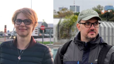 En kvinna med en mellanvädersjacka och glasögon och en man man glasögon tittar rakt framåt.