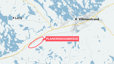Karta som visar planeringsområdet sydväst om Villmanstrand, söder om järnvägen.