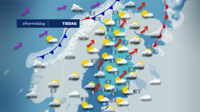 En väderkarta över Finland tisdagens väder: sol och plusgrader.