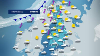 En väderkarta över finland med onsdagens väder: plusgrader och sol men mulet i söder.