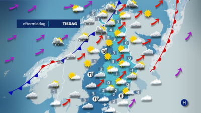 väderkarta över finland visar klart väder i stora delar av landert och upp till fem plusgrader i Lappland.