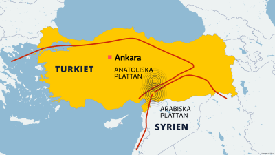 Karta över jordbävningen i turkiet 2023.