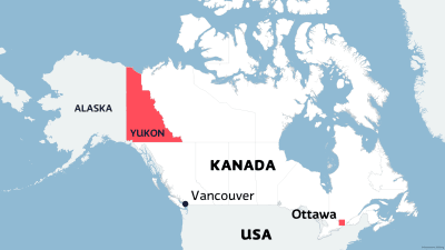 En karta som visar var i Kanada Yukon ligger. Det är ett territorium i det nordvästra hörnet av landet. Yukon gränsar till USA:s delstat Alaska.