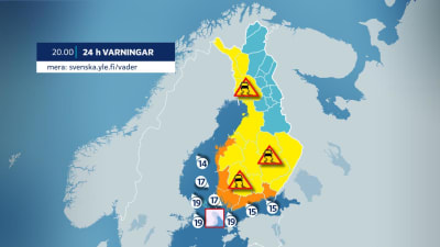Karta som varnar för mycket dåligt väglag i Kymmenedalen, Nyland, Egentliga Finland, Satakunta och Österbotten.