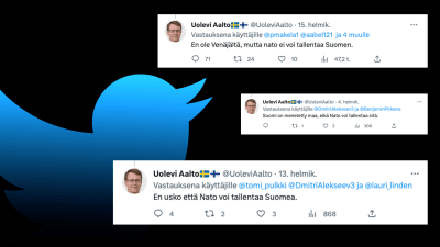 Bildkollage med Twittercitat mot en bakgrund med den blåa fågel som är Twitters logotyp.